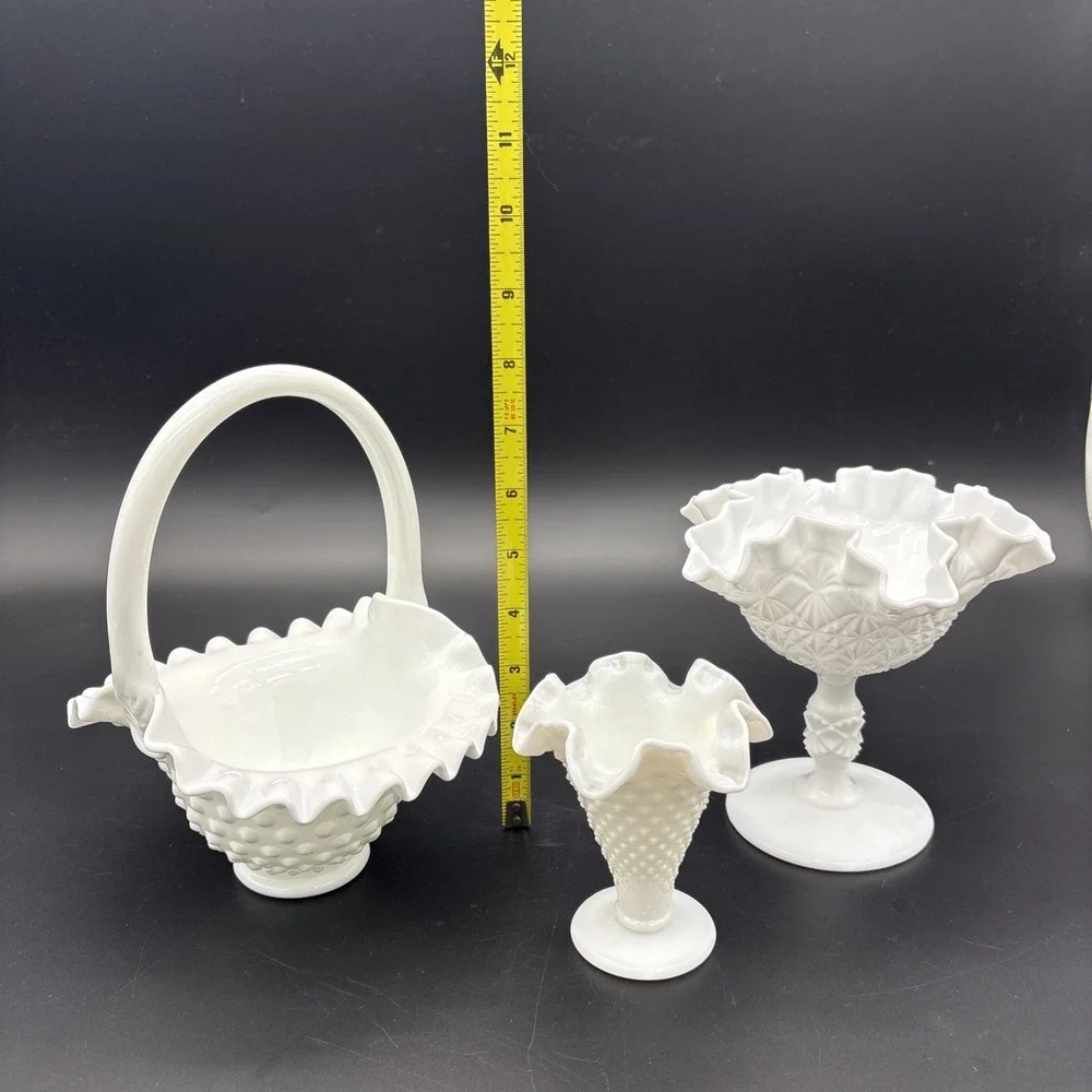 Vintage Fenton White Milk Glass Decor Lot - Hobnail Basket, Vase & Compote Set